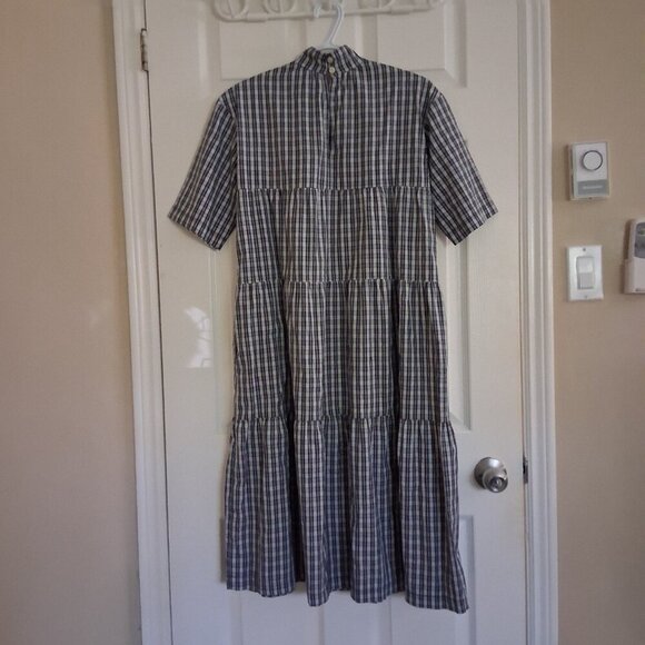 Everlane Women's XS Blue Plaid Mock Neck Cotton Midi Dress - Picture 4 of 13